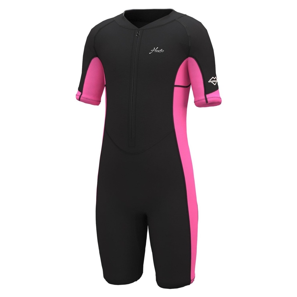 Hevto Wetsuit Shorty Kids Size 6 Black Pink Excellent 2mm Neoprene Front Zip